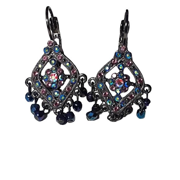 Vintage JOAN RIVERS Gunmetal Aurora Borealis Chandelier Pierced Earrings - Picture 5 of 12